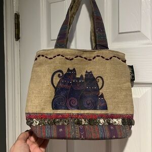 Laurel Burch Cats Travel Shoulder Tote Bag Beaded Embellished Zip Close